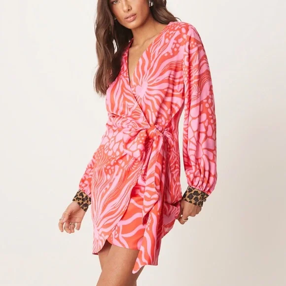 Never Fully Dressed Vibrant Pink and Red Wrap Dress - Picture 2 of 4